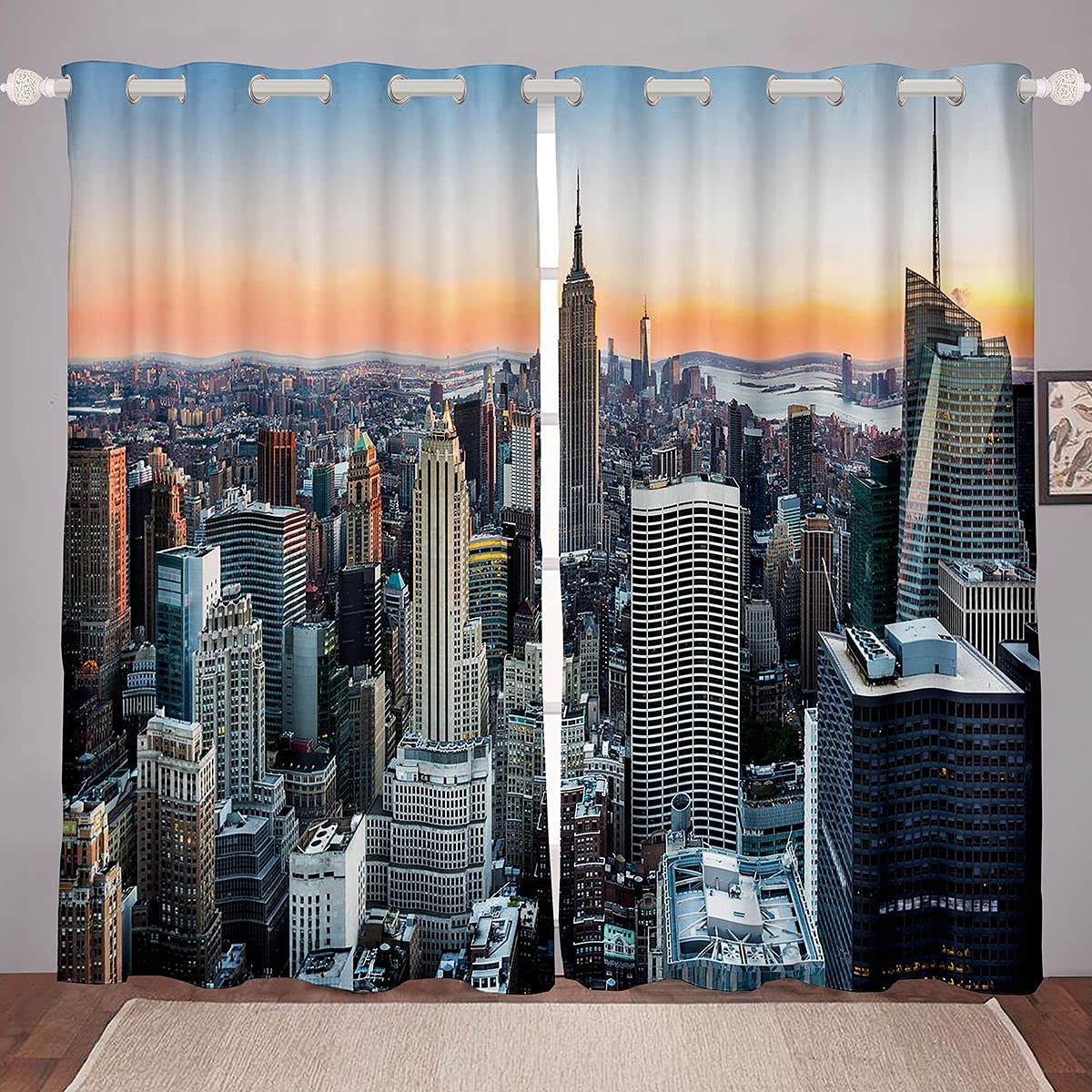 New York Curtains New York City Manhattan Skyline Cityscape Window Curtains for Bedroom Living Room Contemporary Artistic Sunset Landscape Window Treatments,W46*L54 — image 1
