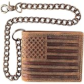F&L CLASSIC RFID Blocking Mens bi-fold Style Cowhide Leather Steel Chain Wallet, brown flag,texas 200