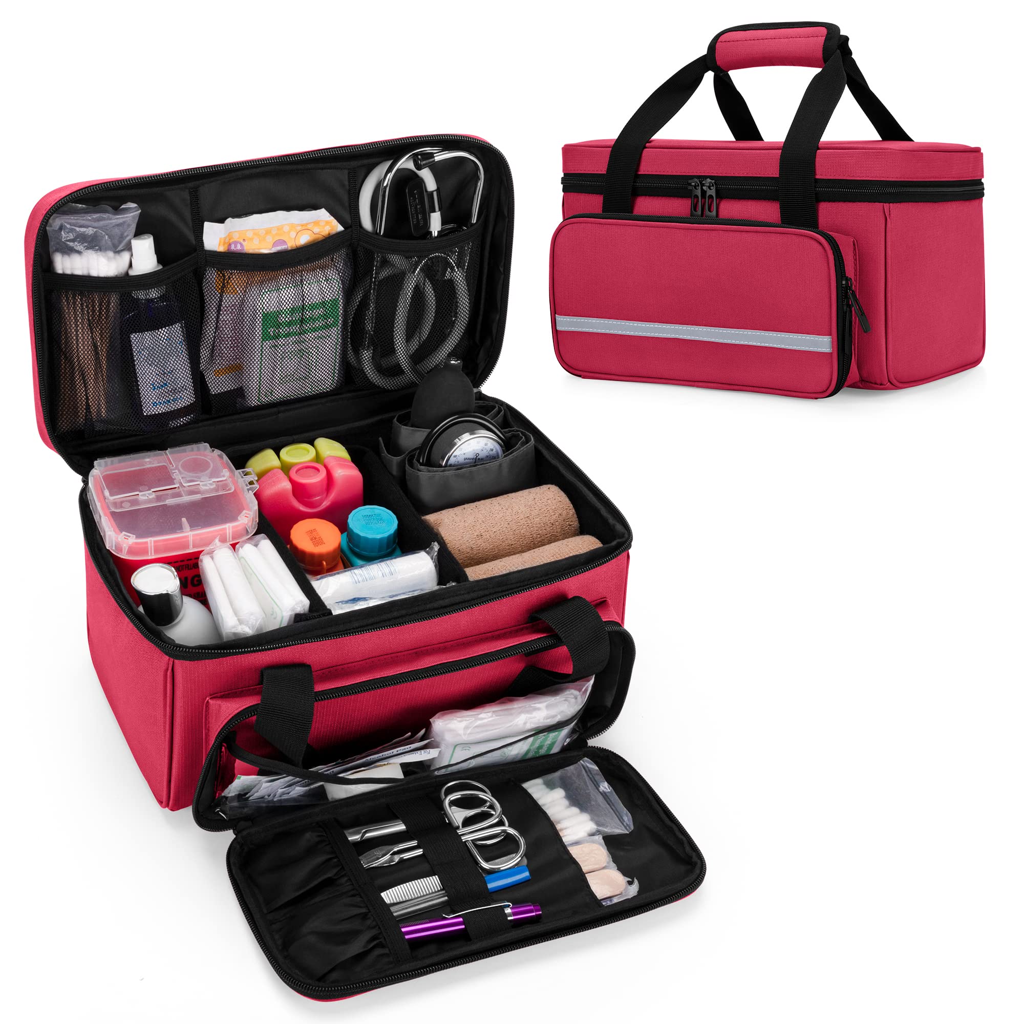 CURMIO Small First Aid Bag Empty, Family First Aid Kit Case, Medicine Storage Organiser Box for Home and Travel, Red(Patent Pending)