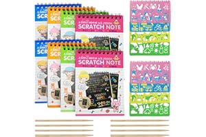 LETANG ZFBB 8 Pack Scratch Notebooks, Rainbow Scratch Note Combo Art Set, Magic Scratch Painting & Sketch Art Notes Drawing Notepads for Kids - Includes Drawing Stencil and Wooden Stylu with Each Note