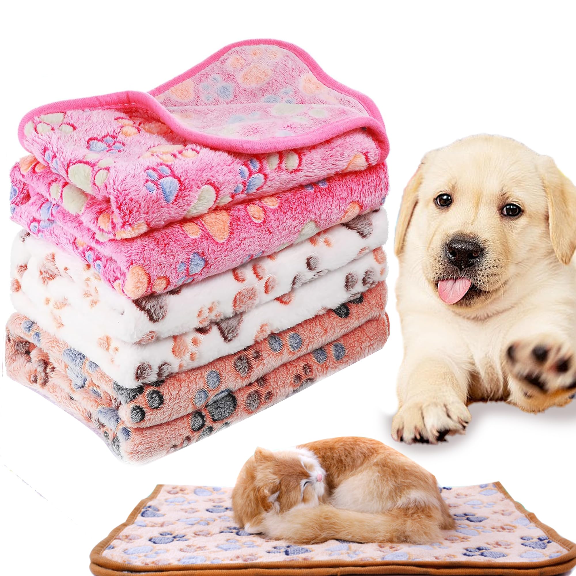 WDEC 3 x Large Dog Cat Pet Soft Fleece Blankets 76cm X 104cm, Soft Warm and Washable Fleece Cat Puppy Throw for Small Medium Pet, Comfortable Fluffy Durable Dog Blanket, Creamy-white, Pink, Brown