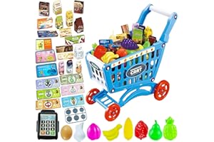 Yeeyuue [Newest] Kids Shopping Cart Toy, Toddler Shopping Cart with 54 PCS Shop Accessories & Storage Properties, Included Grocery Cart Toy, Credit Card, Pretend Fruit Vegetables (Blue)