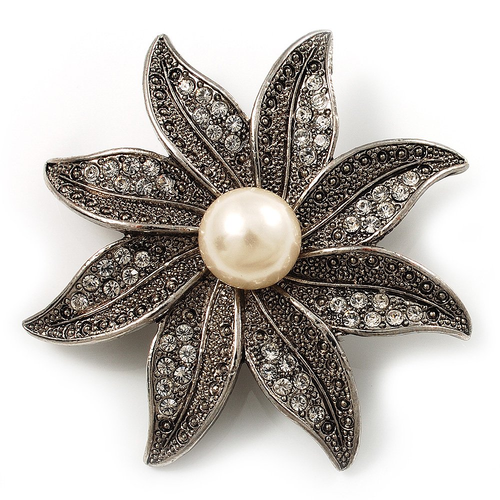 Antique Silver Simulated Pearl Crystal Flower Brooch