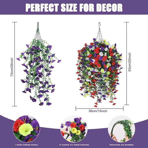 INQCMY ARTIFICIAL FLOWERS FOR OUTDOOR SPRING SUMMER DECORATION FAUX SILK MORNING GLORY FAKE HANGING FLOWERS UV RESISTANT LOOK REAL FOR HOME PORCH (10PCS PURPLE&RED&WHITE&YELLOW+1 BASKE)