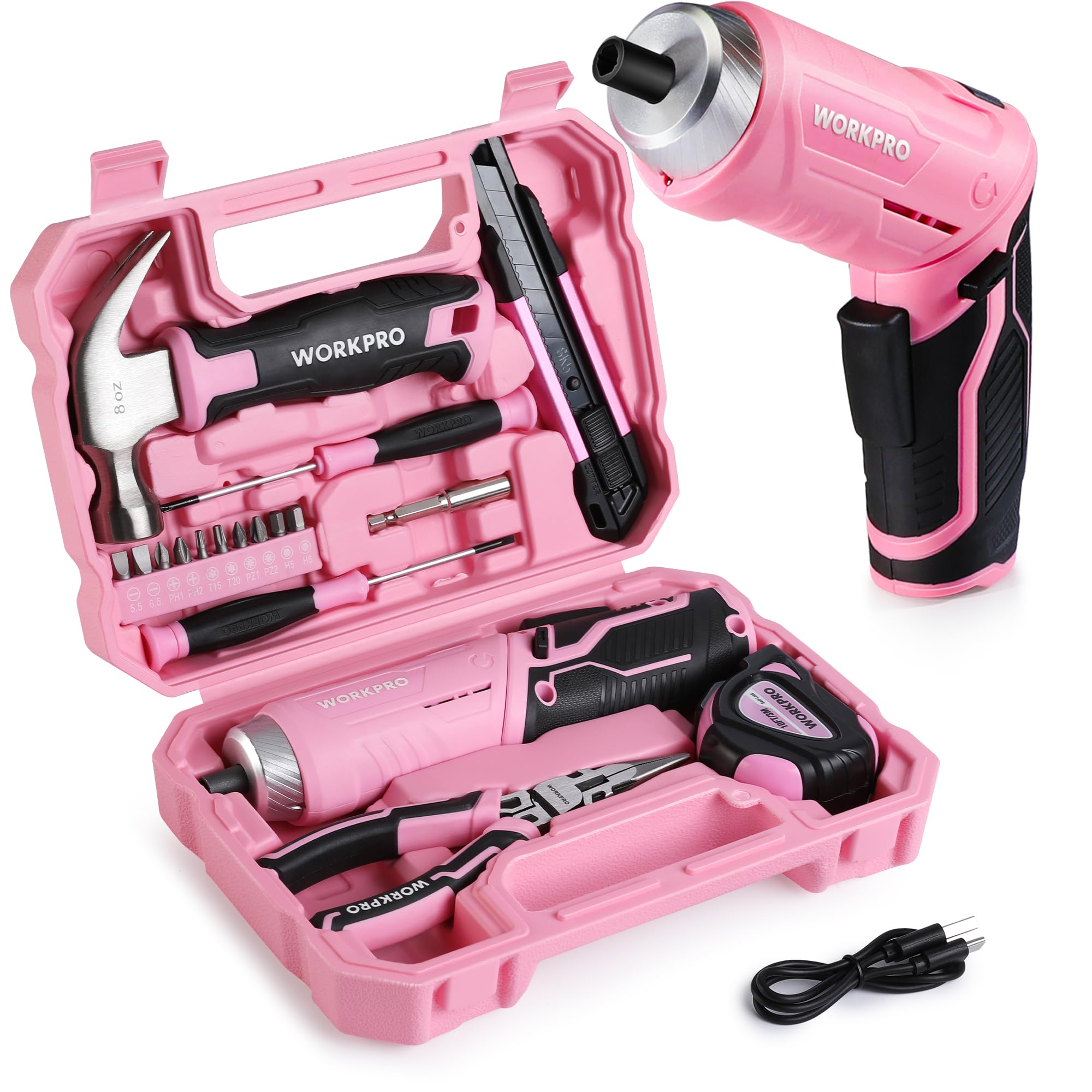 WORKPRO Werkzeugset Rosa pink 18 tlg. mit USB C Akkuschrauber klein, pinker Werkzeugkoffer gefüllt Haushalt, Werkzeugsatz für Heimwerker, Kinder, DIY Bastelei