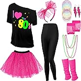 Vabean 19 Pcs 80s Costume Set T Shirt Leggings Tutu Skirt Headband Necklace Bracelets Earrings Gloves Leg Warmers for Women