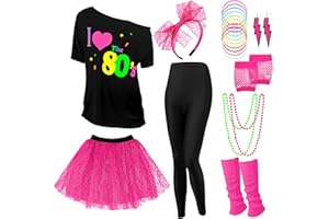 Vabean 19 Pcs 80s Costume Set T Shirt Leggings Tutu Skirt Headband Necklace Bracelets Earrings Gloves Leg Warmers for Women
