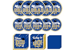 DAZONGE Graduation Decorations Class of 2024 Blue, Disposable Graduation Plates and Napkins, Glitter Graduation Party Supplies for 50 Guests, 2024 Graduation Party Decorations