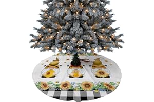 DECORLOVEE Christmas Tree Skirt, Sunflower Gnomes Christmas Tree Skirts Ornaments Décor, Black White Plaid Farmhouse Bee Xmas Tree Skirt Mat Decorations for Holiday Party Indoor Outdoor 48 Inch
