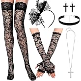 Geyoga Lace Costumes for Women 80s Cosplay Halloween Black Lace Gloves Headband Thigh-high Stocking Earrings Pendent Necklace Flannel Choker Accessories Set for 90s party