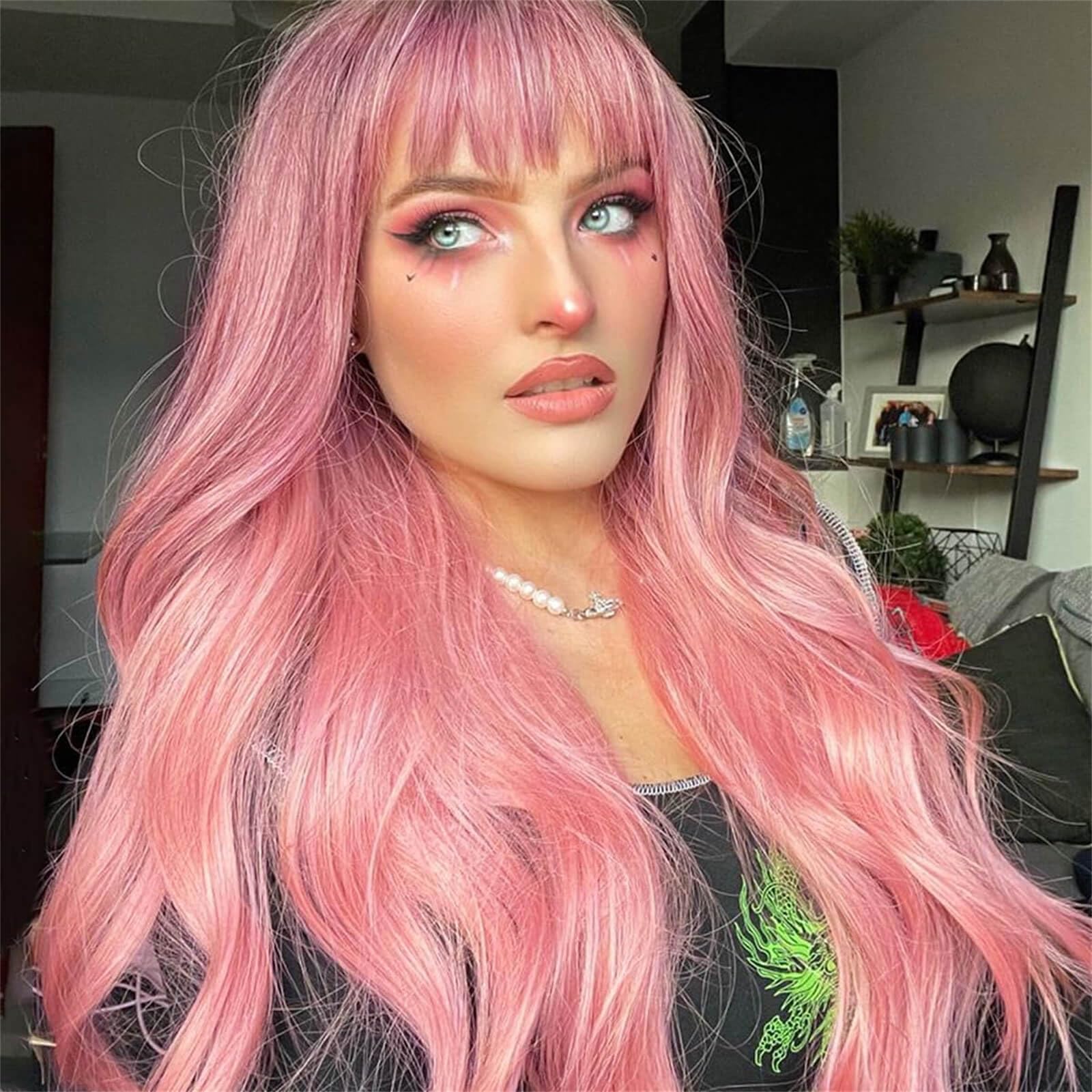 QUEENTAS Pink Long Hair Wigs - 23inch Synthetic Wavy Wigs with Bangs for Women, Halloween & Cosplay — image 1