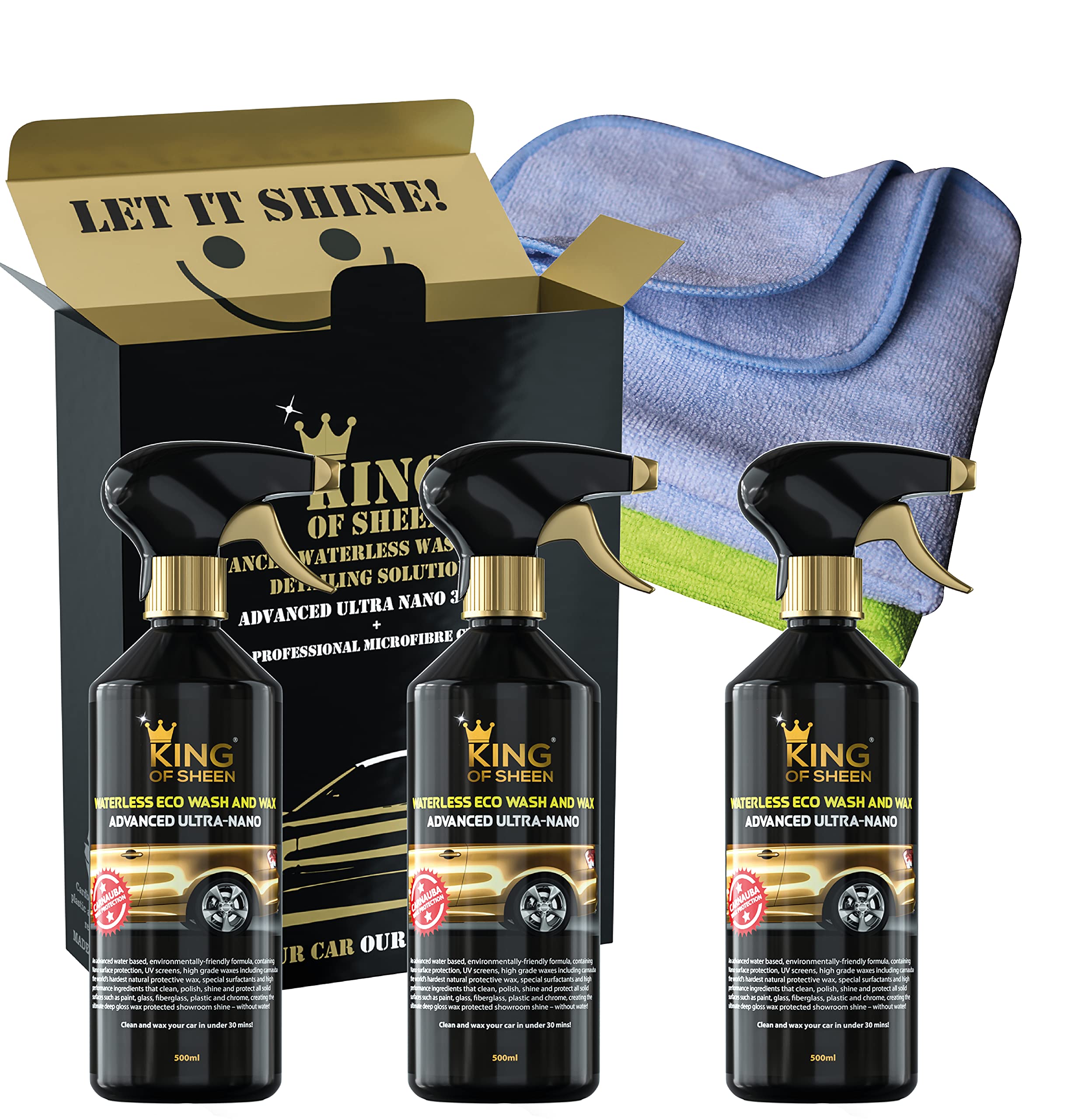 King of Sheen Advanced Ultra Nano Waterless Car Wash and Wax Spray Car Cleaner with Carnauba Wax and Nano Polymers for Unbeatable Protection and Shine,(3 x 500ml)+2 Professional Microfibre Cloths