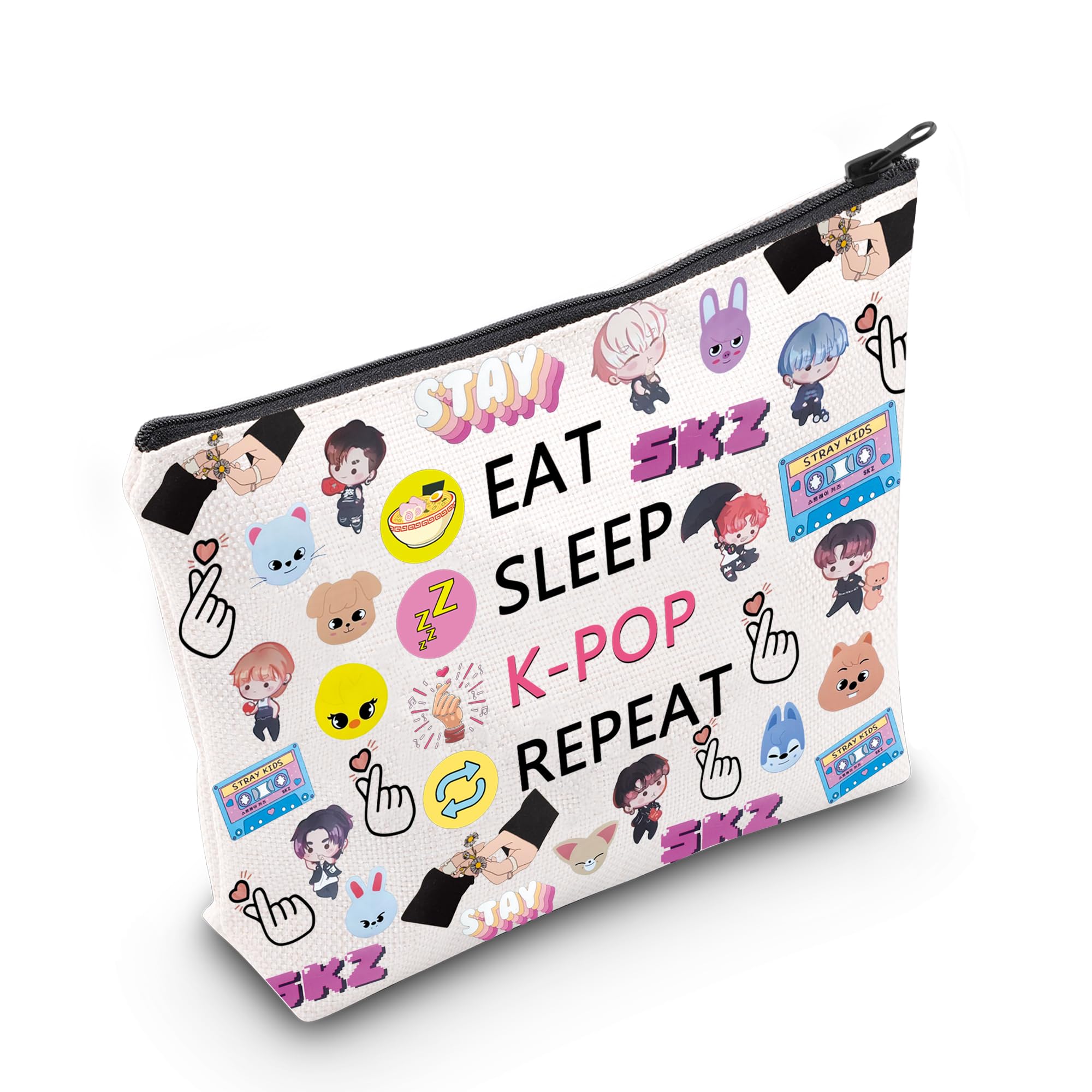 AKTAP Korean Group Singer Merch,K-Pop Makeup Bag,Eat Sleep K-Pop Repeat Travel Pouch,K-Pop Merchandise Gift, Bangtan StrayK Pink Jeans It-y TWI-e Atee- TomorrowXT Merch (StrayK K-Pop Repeat MB)