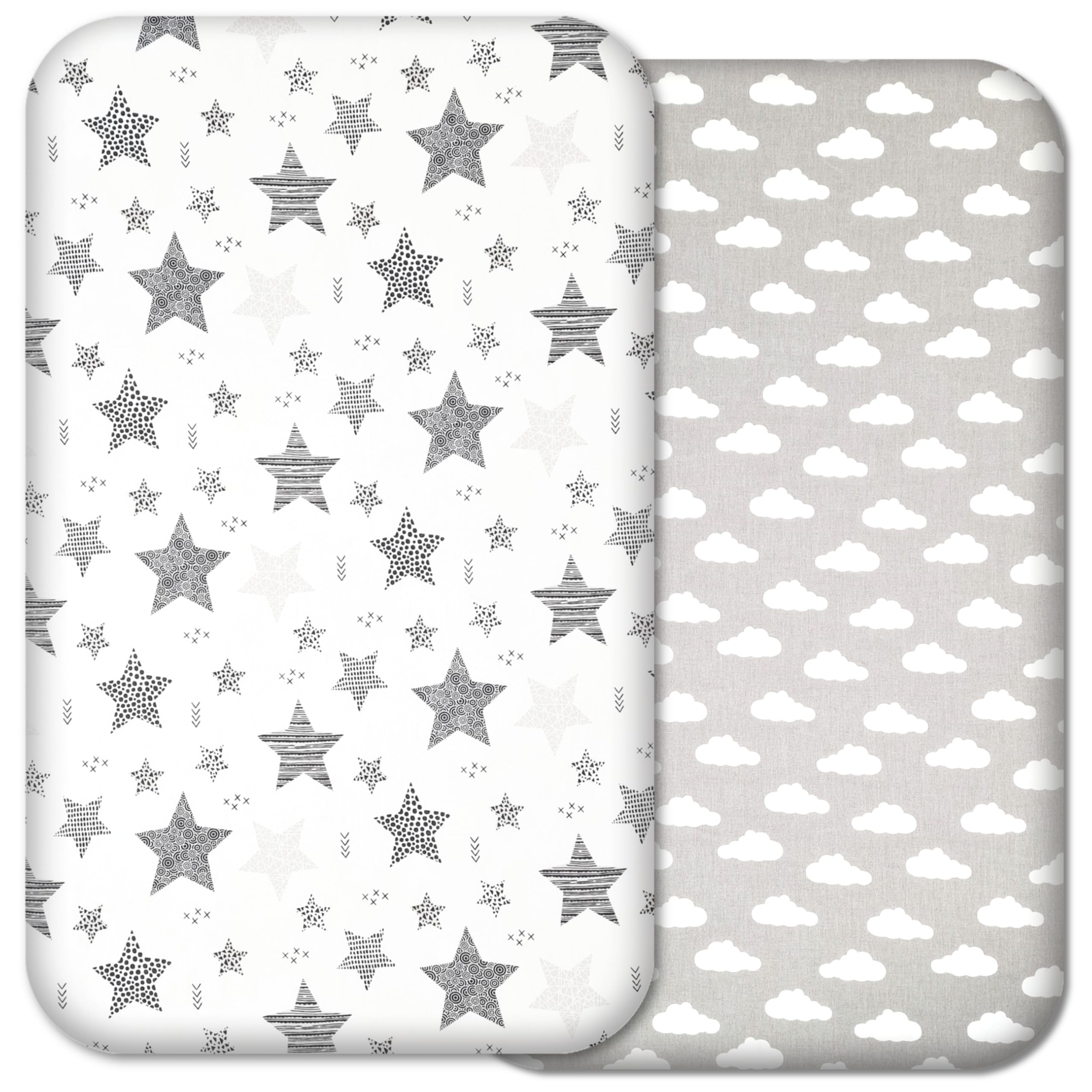 Next to Me Crib Sheets - 2pcs Baby Crib Sheets Set - 100% Organic Cotton to fit Bedside Cribs - Made in Europe – 83 x 50 cm (83x50cm, Grey Stars&Clouds)