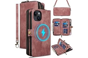 Rssviss Wallet Case for iPhone 15 Plus Crossbody with Card Holder Wrist Strap, Flip Zipper Case Compatible with Magsafe, RFID Blocking Purse Cover for iPhone 15 Plus Women Men 6.7 inch Pink
