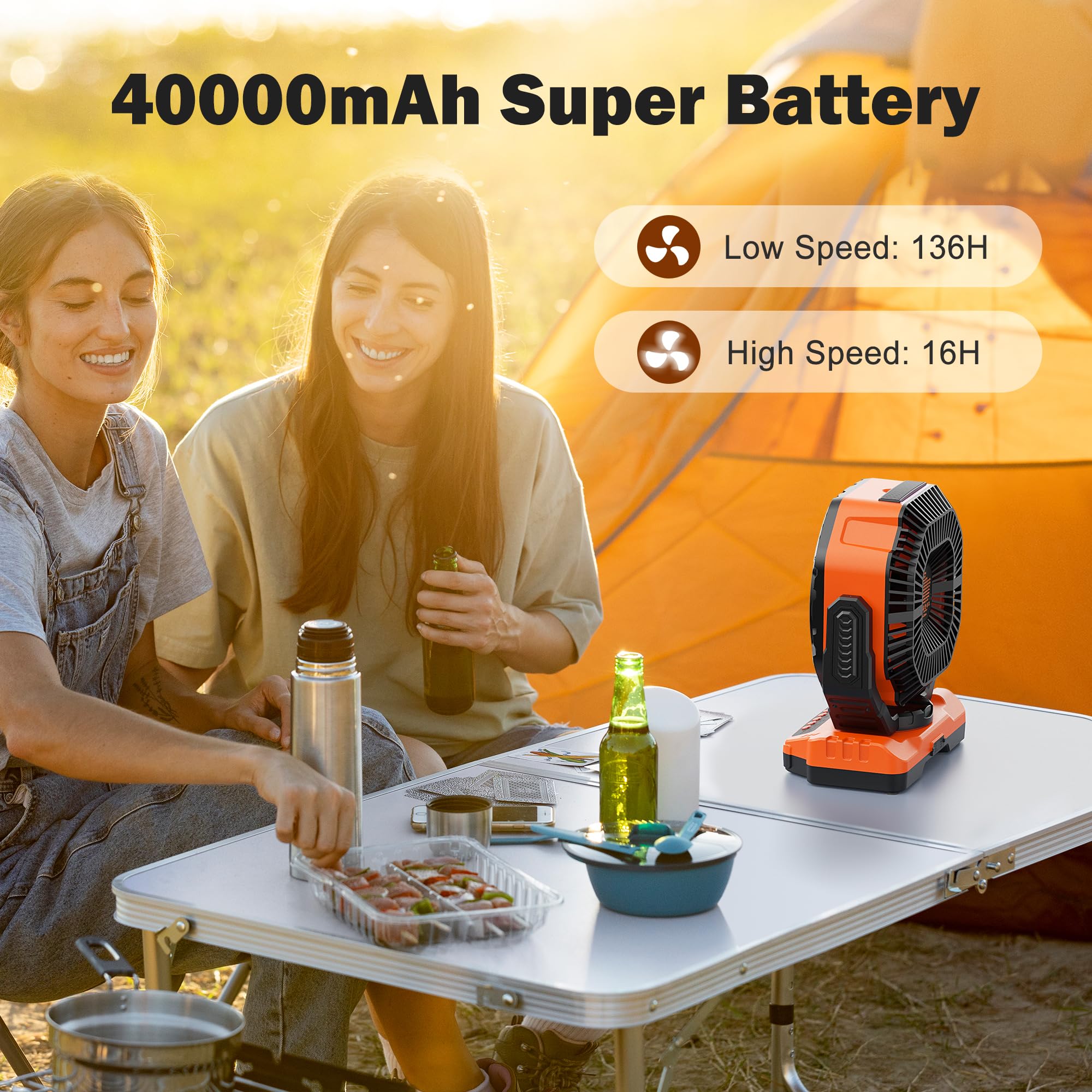 40000mAh Rechargeable Camping Fan, Battery Operated Fan with Light & Remote, 12