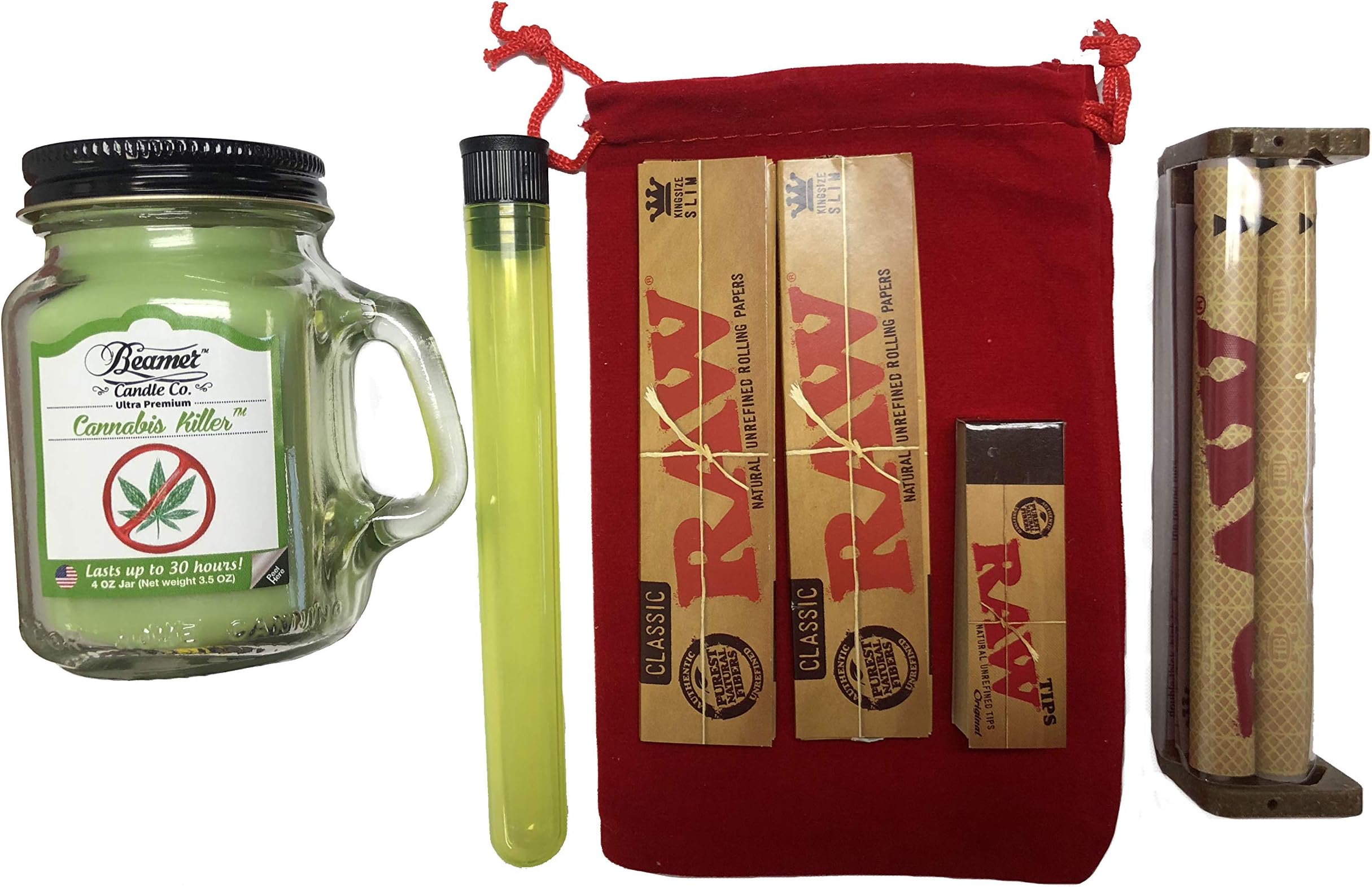 Raw Bundle Including Beamer Candle 4 oz, Rolling Machine, Raw Tips, 2 King Size Papers,"SMI" Doob Tube, Velvet Pouch (Classic)