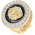Aononu Hip Hop Adjustable Band Statement Lion Head Ring Women Gold-plated Sparkly Crystal Chunky Ring Cocktail Club Party Costume Jewelry