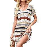 Falechay Women Bathing Suit Cover Up Striped Crochet Eyelet Swimsuit Coverup Summer Knit Lace Beach Vacation Cruise Dress