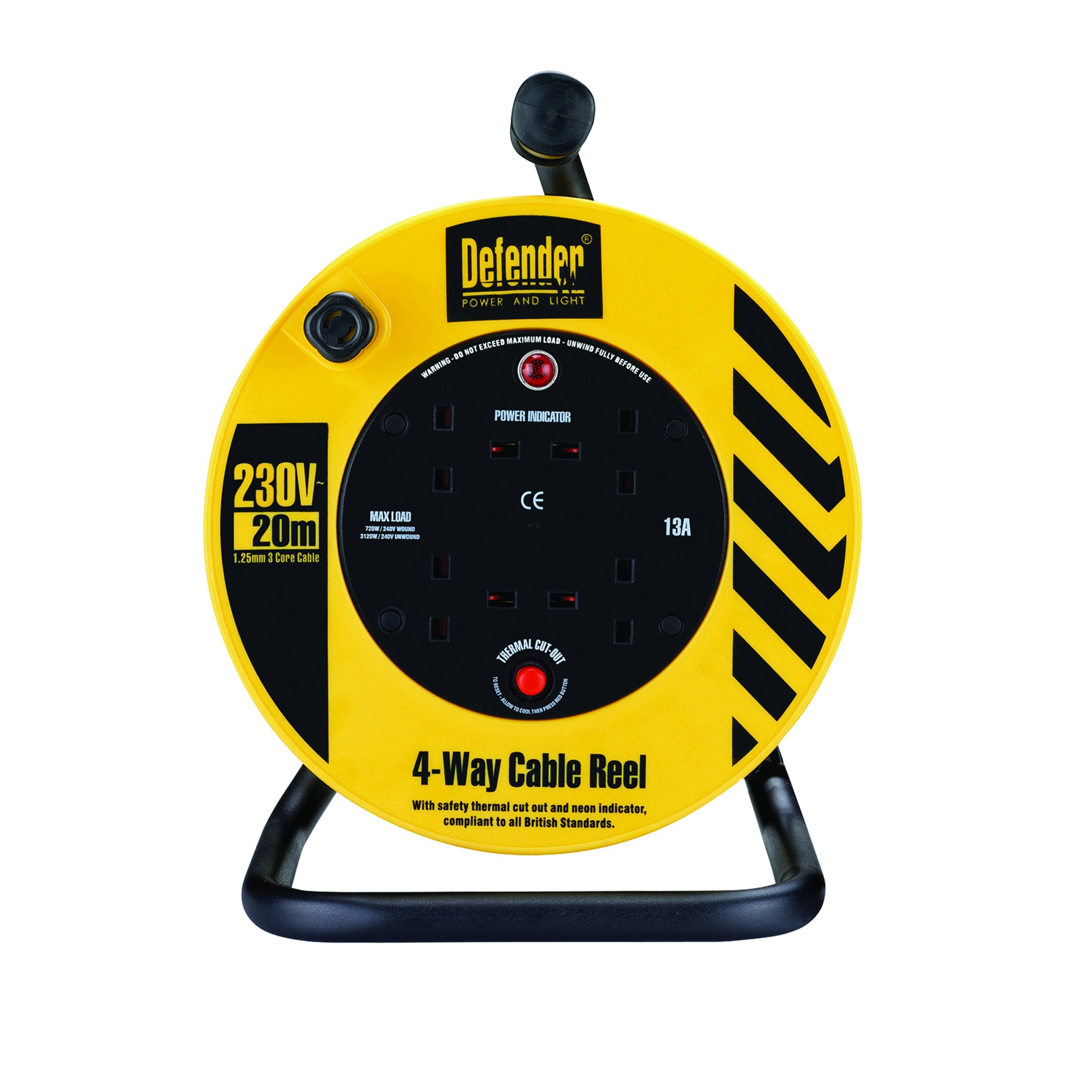 Defender E86465 13 A 4 Way Light Industrial Cable Reel, 240 V, Yellow/Black, 20 m 1.25 mm