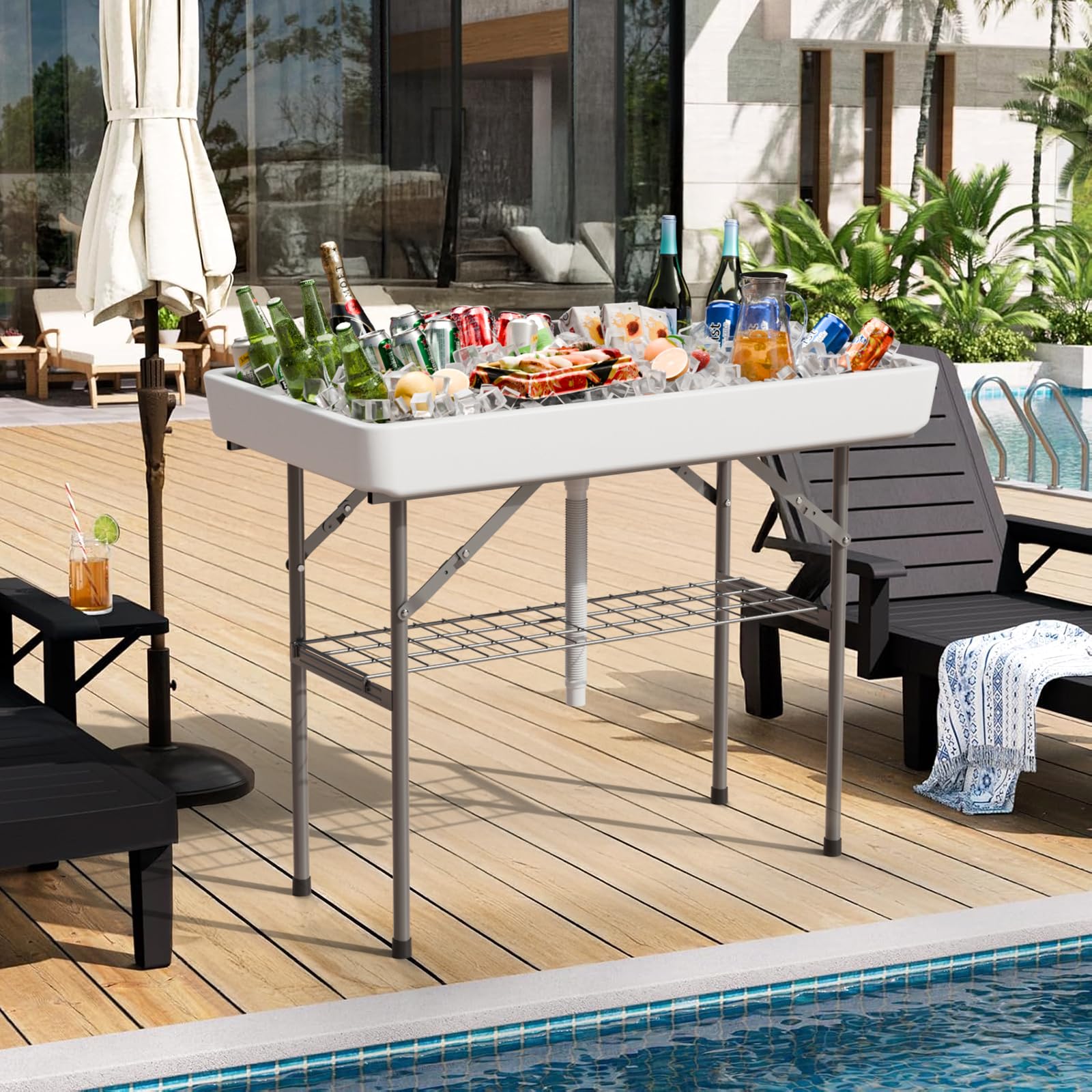 Photo 1 of ERGMASTER Ice Cooler Table (Come with 5L Bucket), Portable Folding Ice Table Matching Skirt, Camping Table for Party, BBQ, Picnic