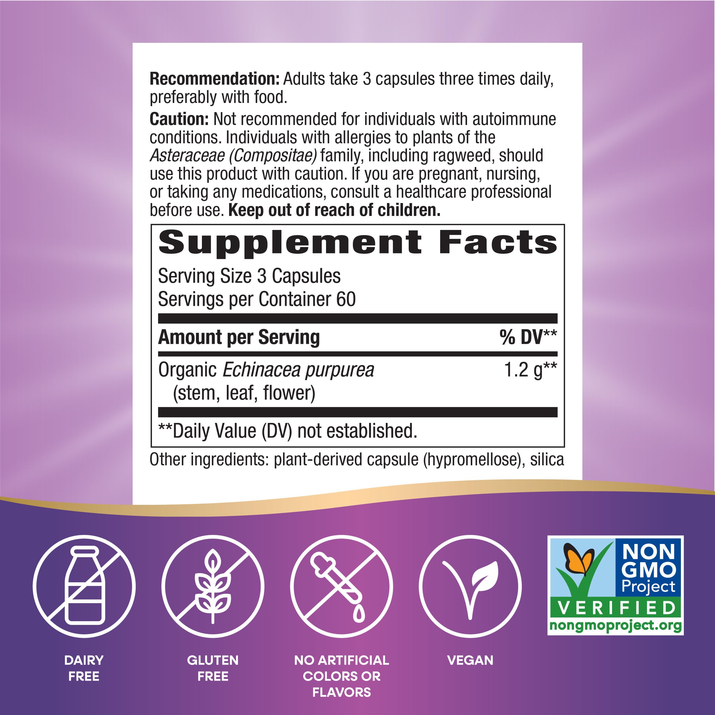 Nature's Way Echinacea Purpurea Herb, Immune Support Supplement*, 1200 mg per 3-capsule serving, Non-GMO Project Verified, Vegan, 180 Capsules