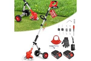 Lemolifys Electric Weed Wacker with Wheels, 2000mAh Battery Operated Weed Eater Cordless, 3 in 1 Lightweight Edger Brush Cutter Weed Trimmer, Stringless Grass Trimmer Mower with 2 Battery 1 Charger