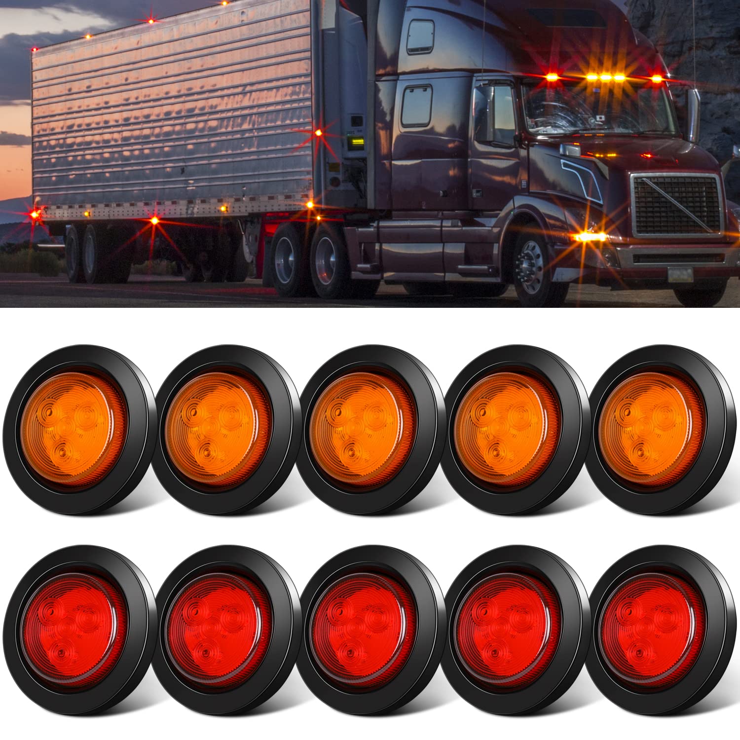 Photo 1 of 10 Pack (5 Amber + 5 Red) 2" Round LED Side Marker Light, Super Bright 12-24V Grommet Flush Mount 4 LED Clearance Lights W/ Rubber Gaskets for Trucks Trailers RV Camper, DOT Approved, IP67 Waterproof