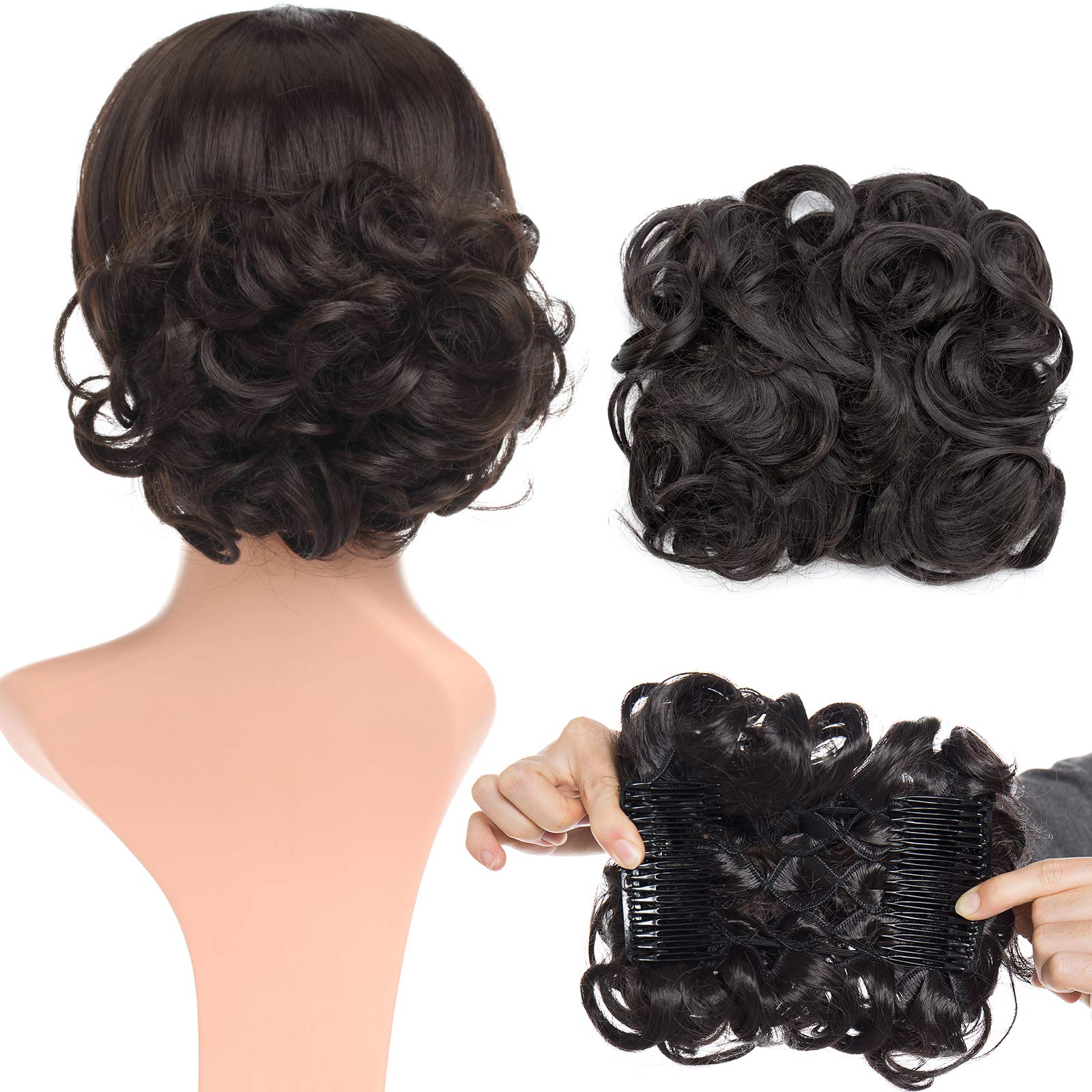 Silk-co Short Messy Hair Bun Scrunchy Scrunchie Updo Clip in Dark Brown Hairpieces Chignon Curly Wavy Combs Hair Extensions
