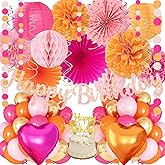 Hot-Pink Orange Birthday Decoration for Women Girl, Fall Peach Burnt-Orange Gold Balloon Décor-Happy Banner, Streamers Lanterns Honeycomb, Tissue Flowers Pom Poms Fan, Boho Sunset Autumn Party Décor