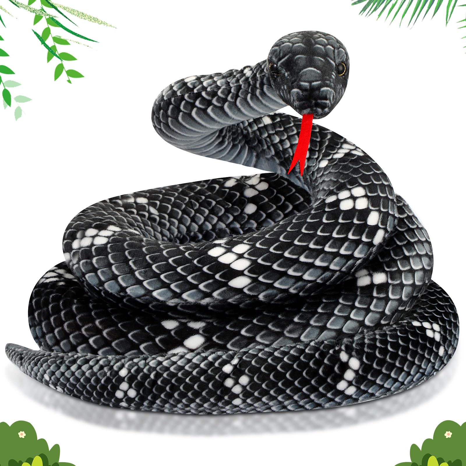 Photo 1 of Hiboom Giant Snake Plush 110 Inch Large Stuffed Animal Realistic Stuffed Lifelike Snake Toy Gifts for Birthday Party Decoration Halloween Carnival Prank Props(Black)