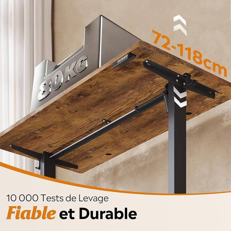 Bureau Assis-Debout Électrique 160 x 70cm, Moteur Silencieux avec 3 Mémoires, Table Ergonomique pour Télétravail et Bureau, Marron