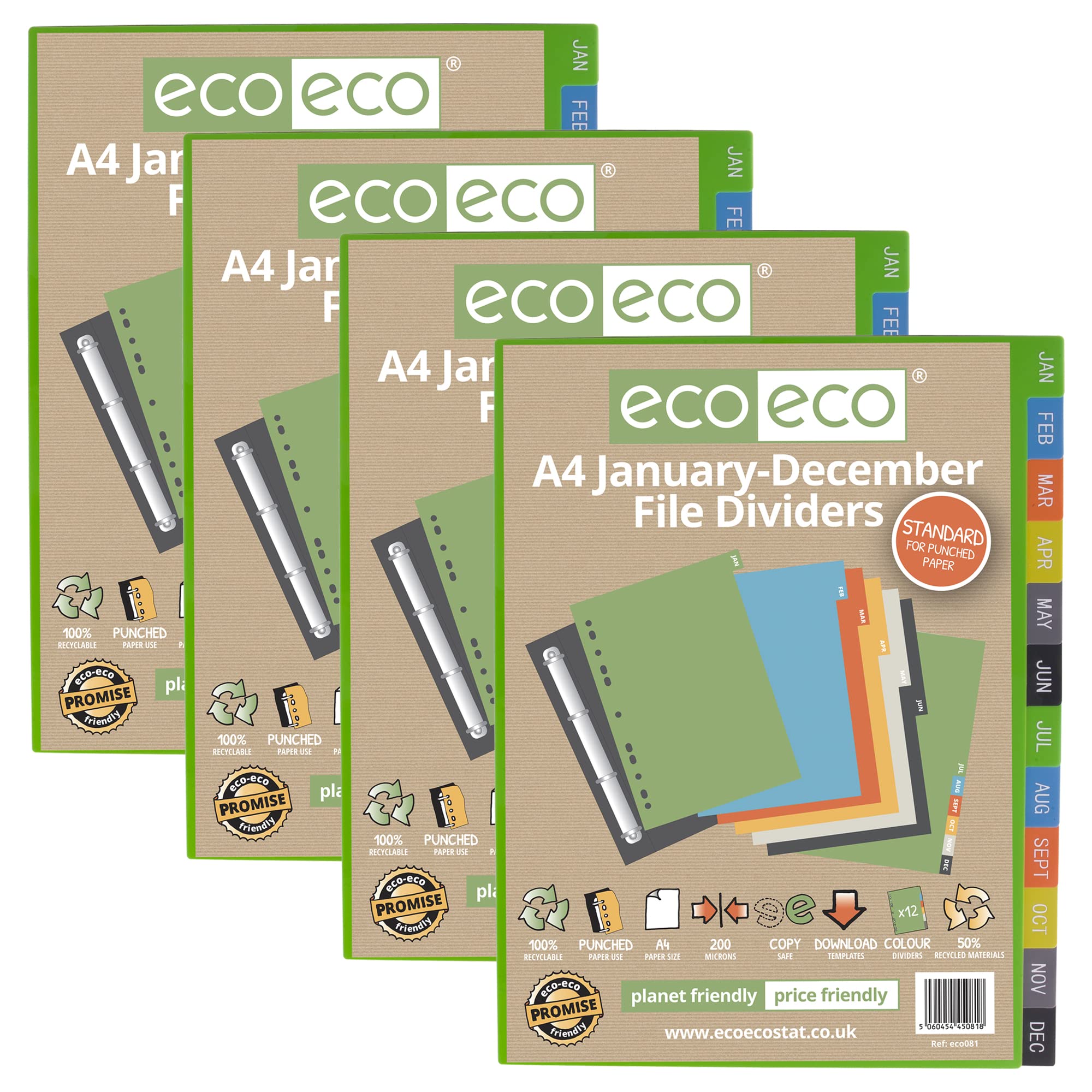 eco-eco A4 50% Recycled Multipunched Reinforced Colour January - December Subject Index File Dividers 200mic (Pack of 4), eco081x4