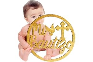 Bucherry Wooden Mi Bautizo Sign Baby Shower Supplies Wood Mi Bautizo Decorations Decorative Hanging Ornaments Wall Pediments for First Communion Party Gender Reveal Backdrop(Gold)