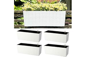 LaLaGreen Deck Railing Planter Box (20 Inch, 4 Pack) White Rectangular Window Flower Boxes with Bracket, Self Watering System