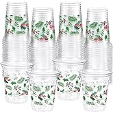 Funnymoom 60 Pack Christmas Plastic Cups 12 oz Seasonal Holly Leaf Disposable Clear Plastic Drinking Cups for Xmas Christmas Winter Holiday Party Decoration Supplies