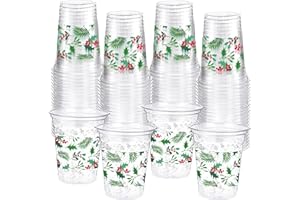 Funnymoom 60 Pack Christmas Plastic Cups 12 oz Seasonal Holly Leaf Disposable Clear Plastic Drinking Cups for Xmas Christmas Winter Holiday Party Decoration Supplies