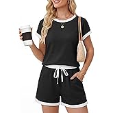 Ekouaer Women Waffle Rompers for Summer Casual Shorts Overalls Adjustable Drawstring Waist Jumpsuits One Piece Outfits