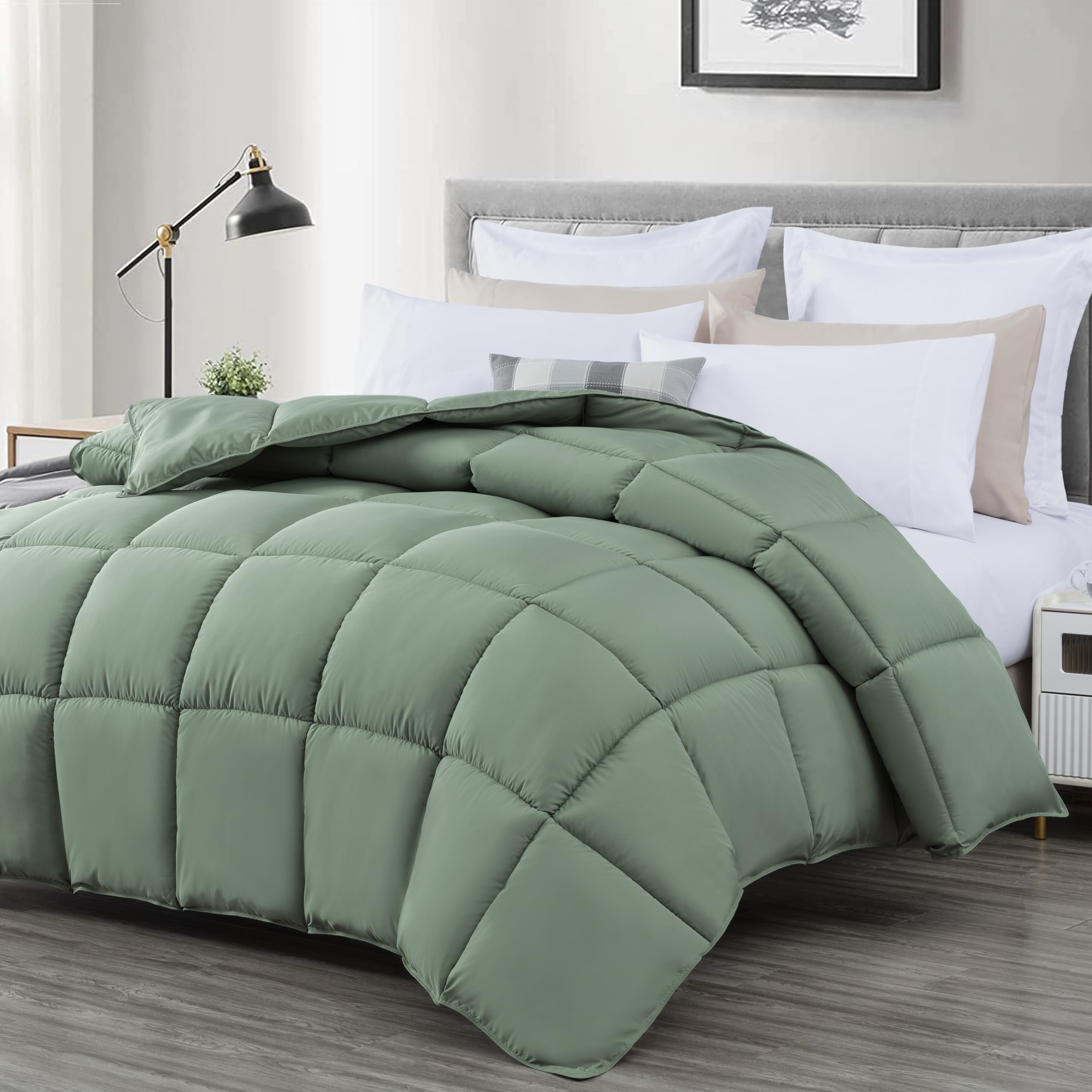 Photo 1 of Chezmoi Collection All Season Oversized King Size Down Alternative Comforter - Plush Microfiber Fill - Box Stitch Quilted - Duvet Insert with Corner Tabs (Oversized King, Sage Green)