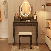 Vanity Desk with Mirror and Lights, Makeup Table with Cushioned Stool Set | Modern Vanity with 4 Drawers, 3 Color Lighting Modes with Adjustable Brightness, Dressing Table Set for Bedroom, Black Vanity