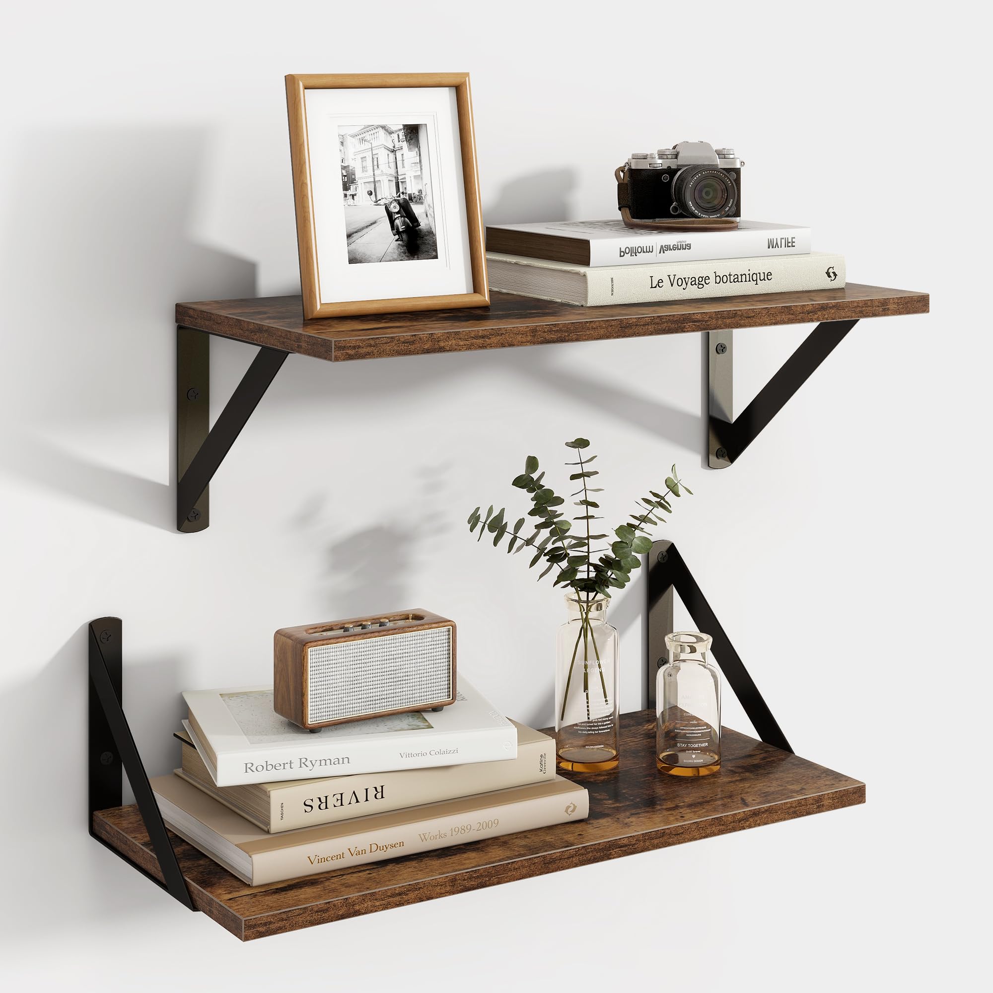 Photo 1 of **MISSING BRACKETS** Axeman Floating Shelves for Wall, 16W x 8D Wood Floating Shelves Set of 2, 8'' Deep Rustic Wall Shelves for Bookshelf Living Room Bedroom Home Office Bathroom