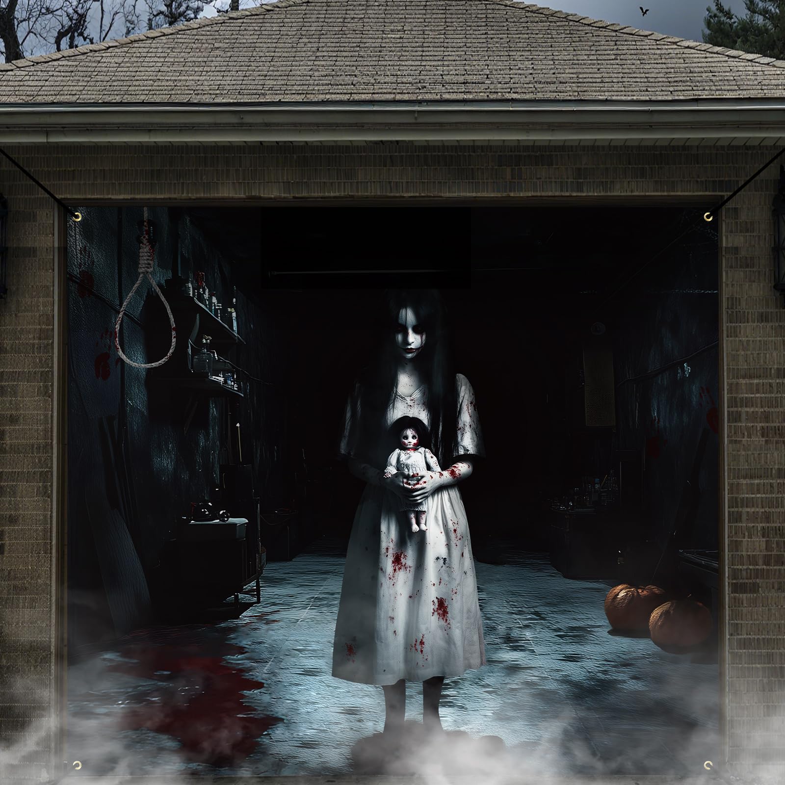 Photo 1 of Remagr Halloween Garage Door Banner Decoration Magnetic Ghost Girl Garage Door Covers Large Scary Backdrop Decorations for Halloween Indoor/outdoor Party Decor(7 x 8 ft)