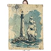 dongprom Nautical Lighthouse Blanket Vintage Sailing Ship and Compass Map Design Throw Blankets Lightweight Flannel Throws for Couch Chair Bed Home Decor Gifts for Ocean Lover,60x50inch