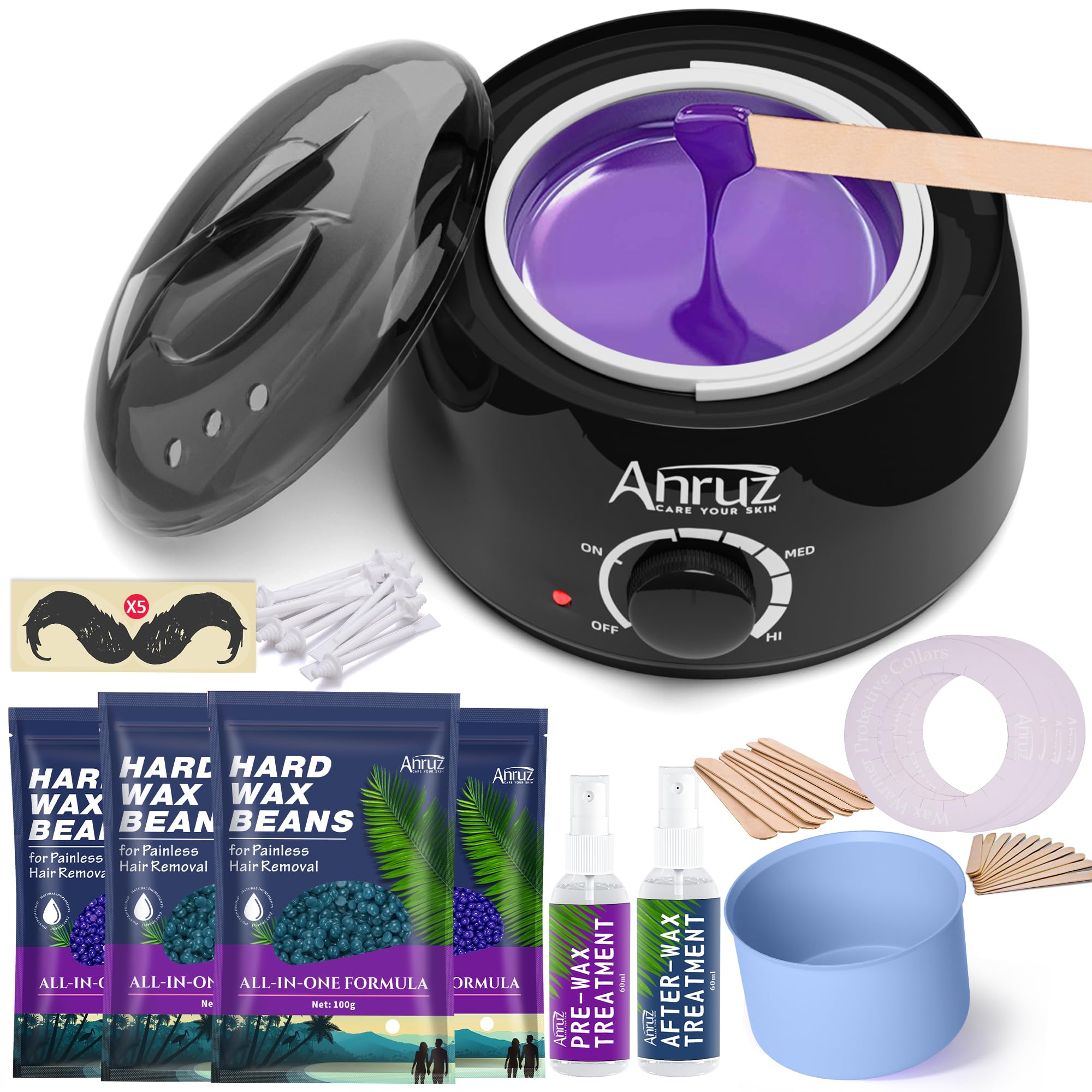 ANRUZ Waxing Kit, Wax kit for Hair Removal, Wax Pot for Waxing Professional with Silicone Bowl,4 Bags Wax Beads and 20 Applicator Sticks, 2 Treatment Oils-at Home Wax Machine for Full Body Waxing