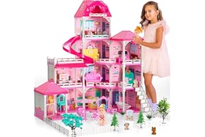 Dolls House, Dreams DollsHouse Furniture Pink Girl Toys, 4 Stories 10 Rooms Dollshouse with 2 Princesses Slide Accessories, T