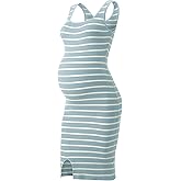 SUNNYBUY Women's Striped Maternity Dress Summer Tank Bodycon Dresses Knit Slit Pregnancy Clothes, Baby Blue White Stripe Tall L