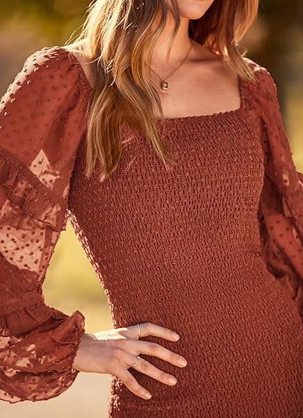 PRETTYGARDEN WOMENS 2024 FALL SMOCKED BODYCON MINI DRESS LONG SLEEVE SQUARE NECK SWISS DOT RUFFLE MERMAID ELEGANT DRESSES (BROWN,X-LARGE)