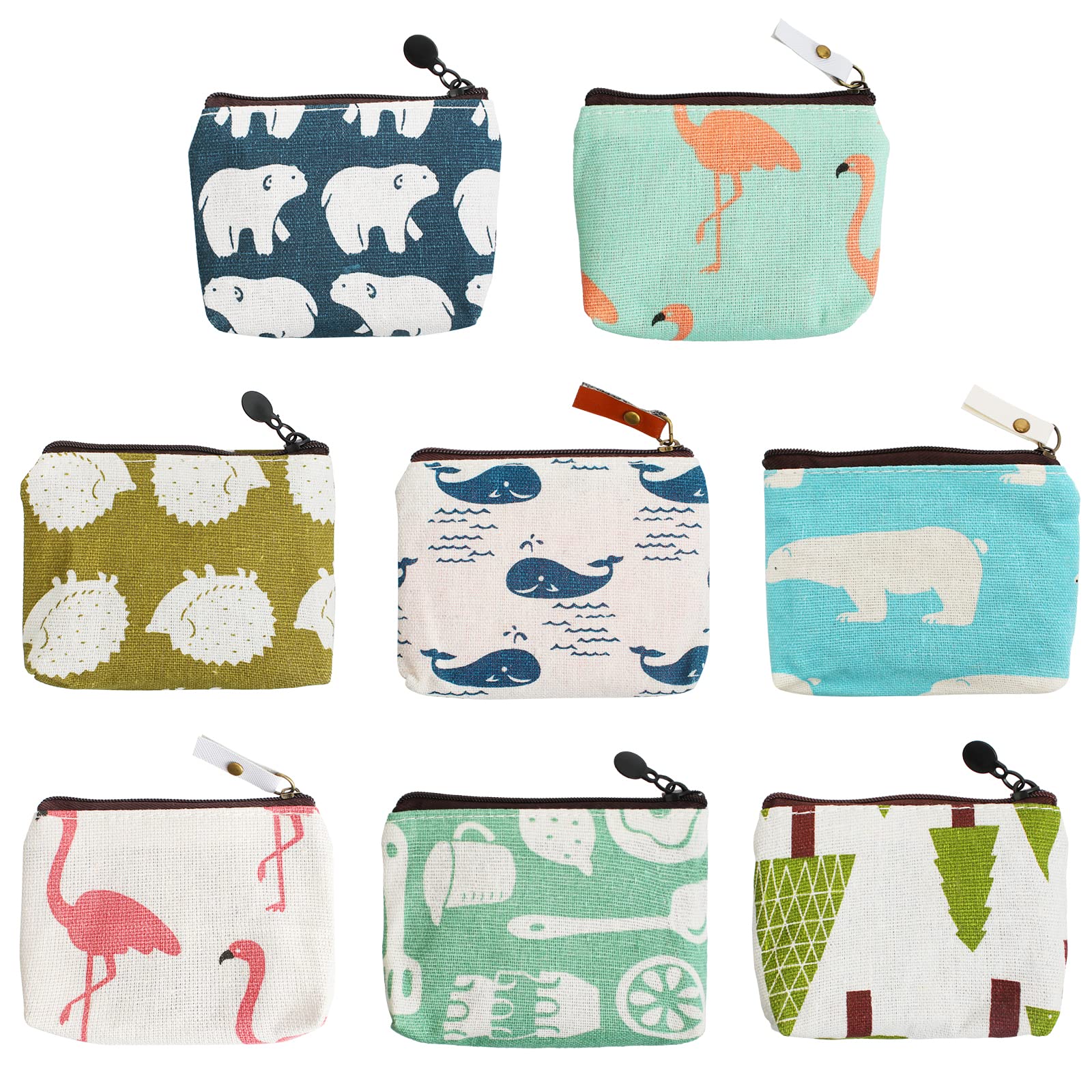 Dadabig 8 PCS Cartoon Canvas Coin Purse, Mini Handbag Coin Zip Purse Zipper Wallet Coin Pouch Canvas Change Cash Bag with Zipper for Cards, Keys, Cash, Headset and Lipstick, 8 Styles