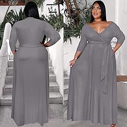 Runwind Plus Size Maxi Dress Sexy 3/4 Sleeve V Neck