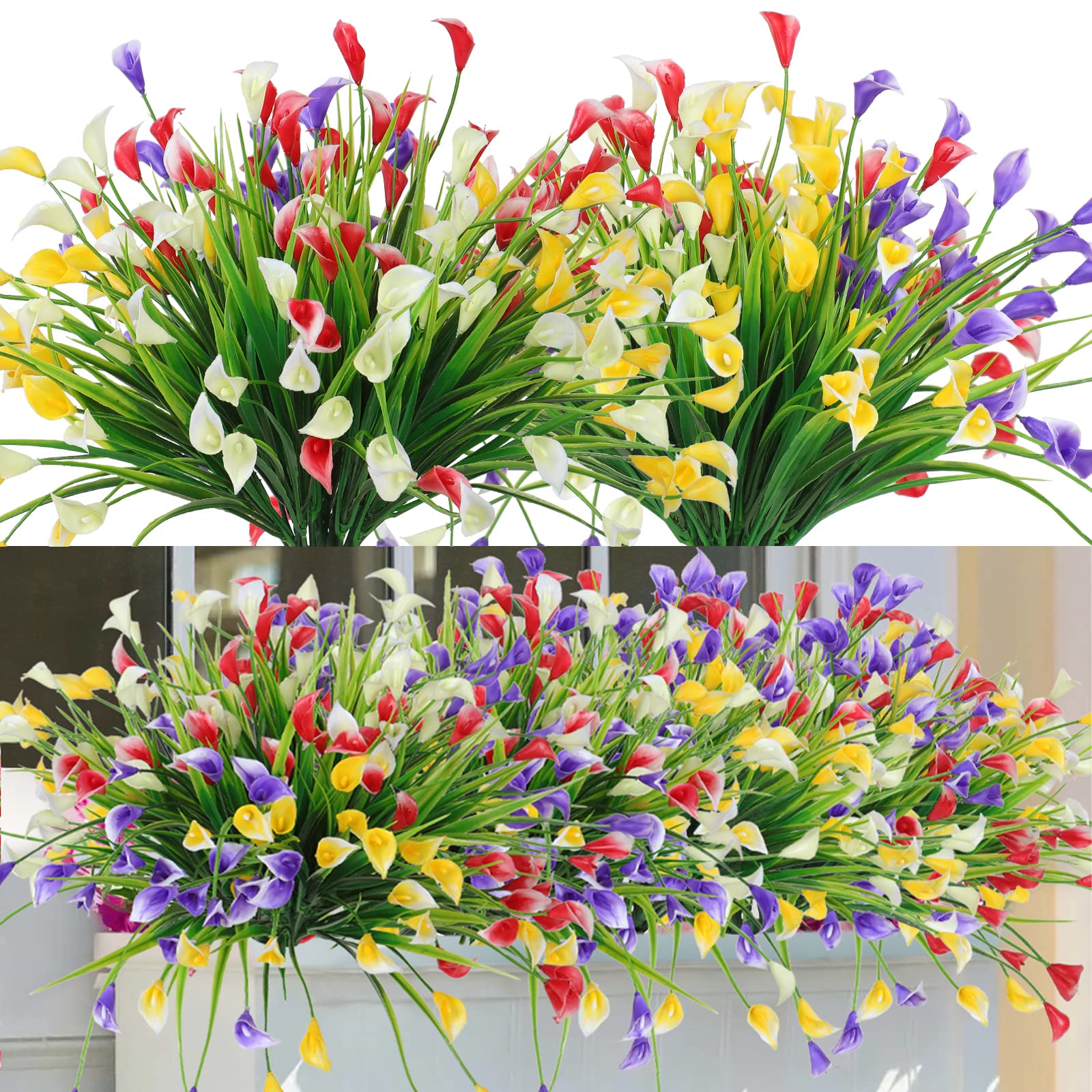 Dremisland 16 Bundles Fake Flowers Outdoor Artificial Calla Lily Flowers UV Resistant Greenery Shrubs Plants Decorative Faux Plants for Outside Hanging Baskets Home Wedding Porch Window Decor